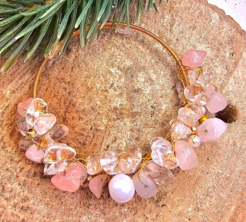Beautiful Nature Rose Quartz White Crystals Chips Wire Wrapped Open Bangle