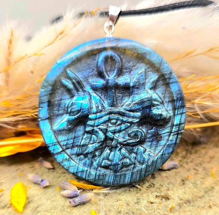 Labradorite carved flashy Egyptian symbols pendant necklace packaging — My Aura Gemstones