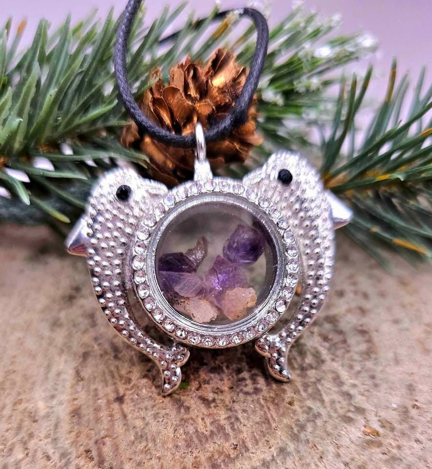 Dolphins Super Seven Raw Stone Floating Locket Necklace