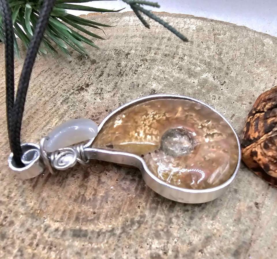 Nature Flashy Ammonite Moonstone Moon Wire Wrapped Pendant Necklace