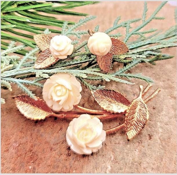 14K Gold Filled AMCO Floral Leaf Rose Brooch & Screw Back Earring