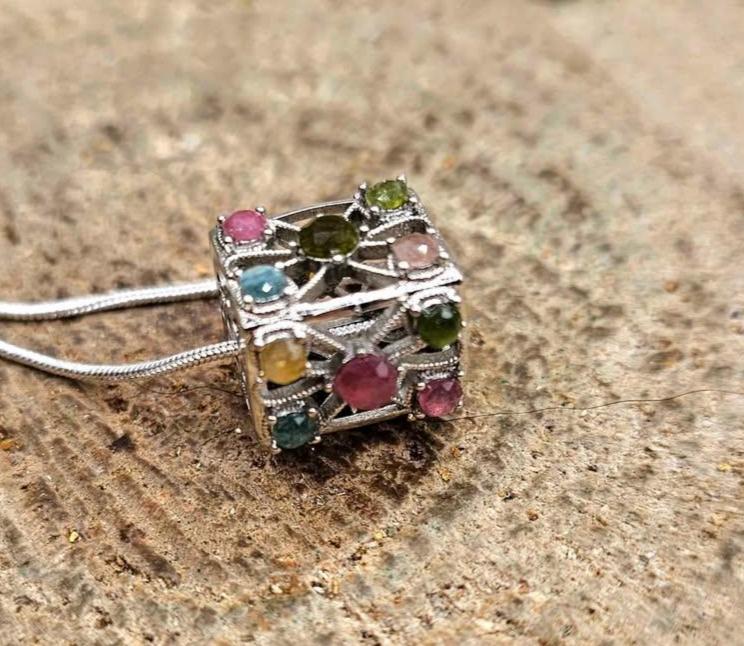 Nature Rainbow Faceted Tourmaline Rectangular Cage Pendant Necklace