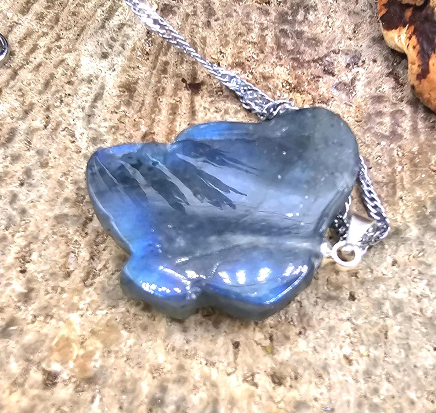 Nature Labradorite Carved Flashy Sleeping Butterfly Fairy Pendant Necklace