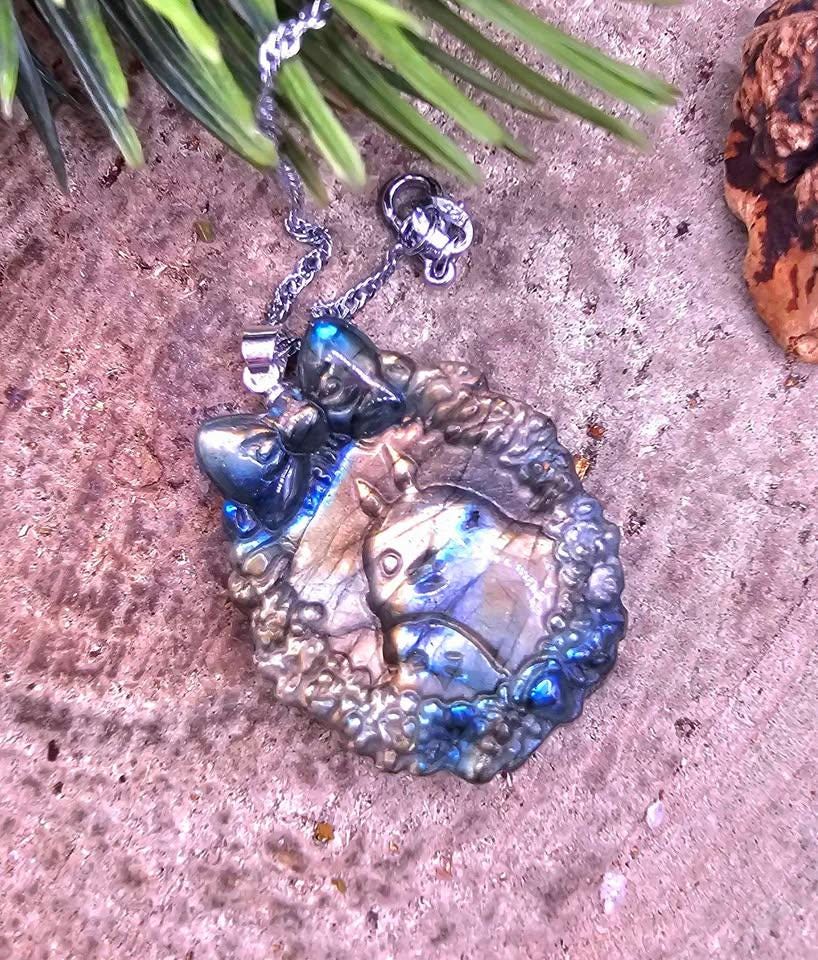 Nature Labradorite Flashy Forest God Portrait Pendant Necklace