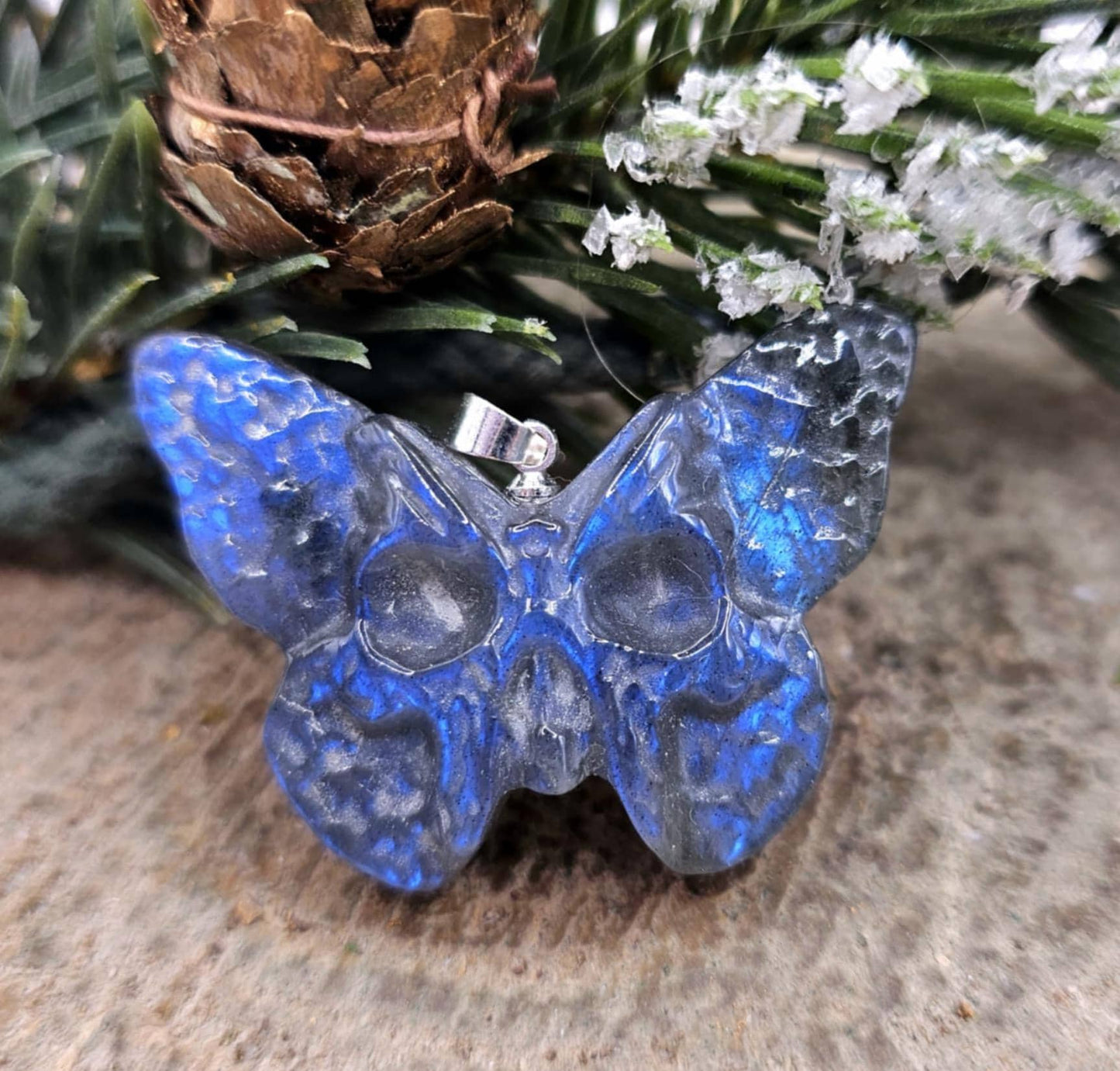 Nature Labradorite Carved Hidden Skull Butterfly Pendant Necklace