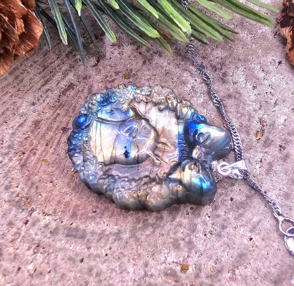 Nature Labradorite Flashy Forest God Portrait Pendant Necklace