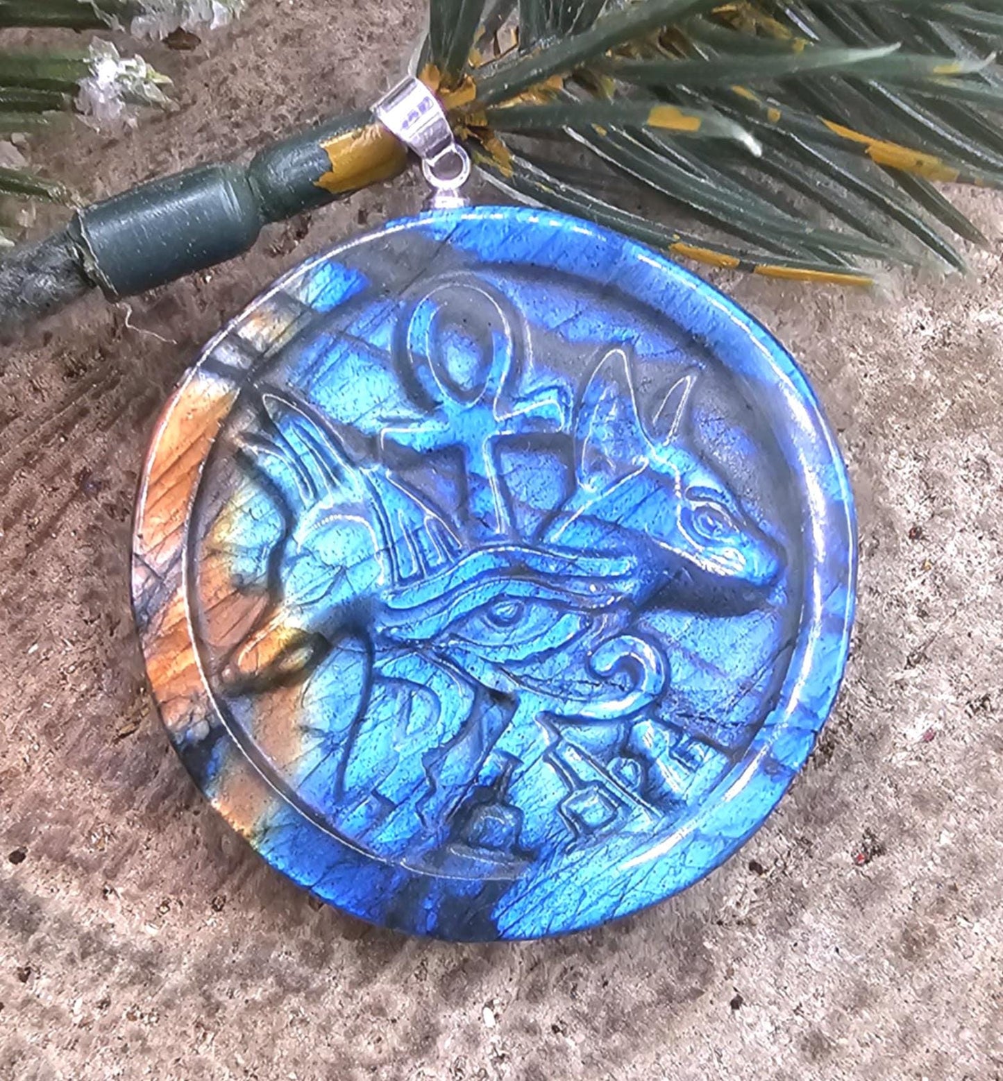 Nature Labradorite Carved Flashy Egyptian Symbols Pendant Necklace