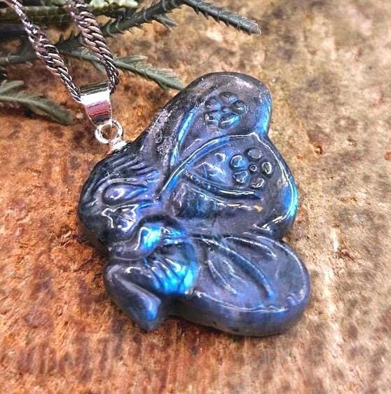 Nature Labradorite Carved Flashy Sleeping Butterfly Fairy Pendant Necklace