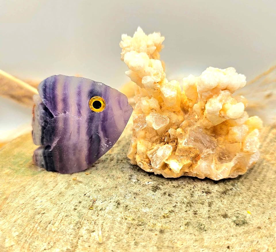 Nature Fluorite Hand Carved Fish With Calcite Stalactite Cluster