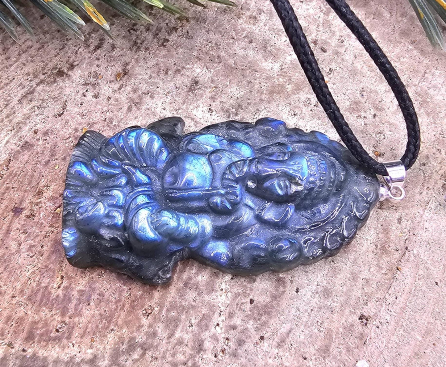 Nature Labradorite Flashy Carved Elephant God Ganesha Pendant Necklace
