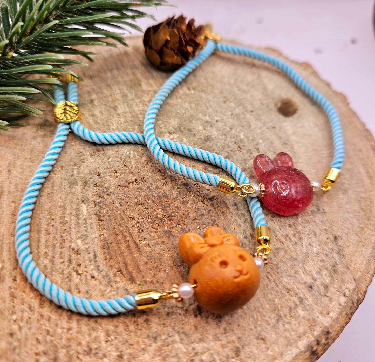 Nature Crystal Wood Rabbit Head Adjustable Blue Knitted Bracelet