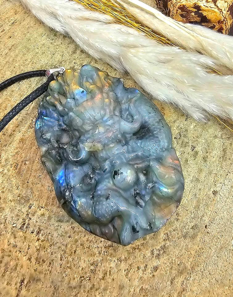 Natural Labradorite Carved Flying Oriental Dragon with Pearl Statement Pendant Necklace