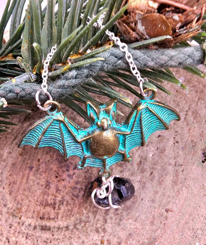 Flying Bat Nature Black Tourmaline Raw Stone Pendant Necklace