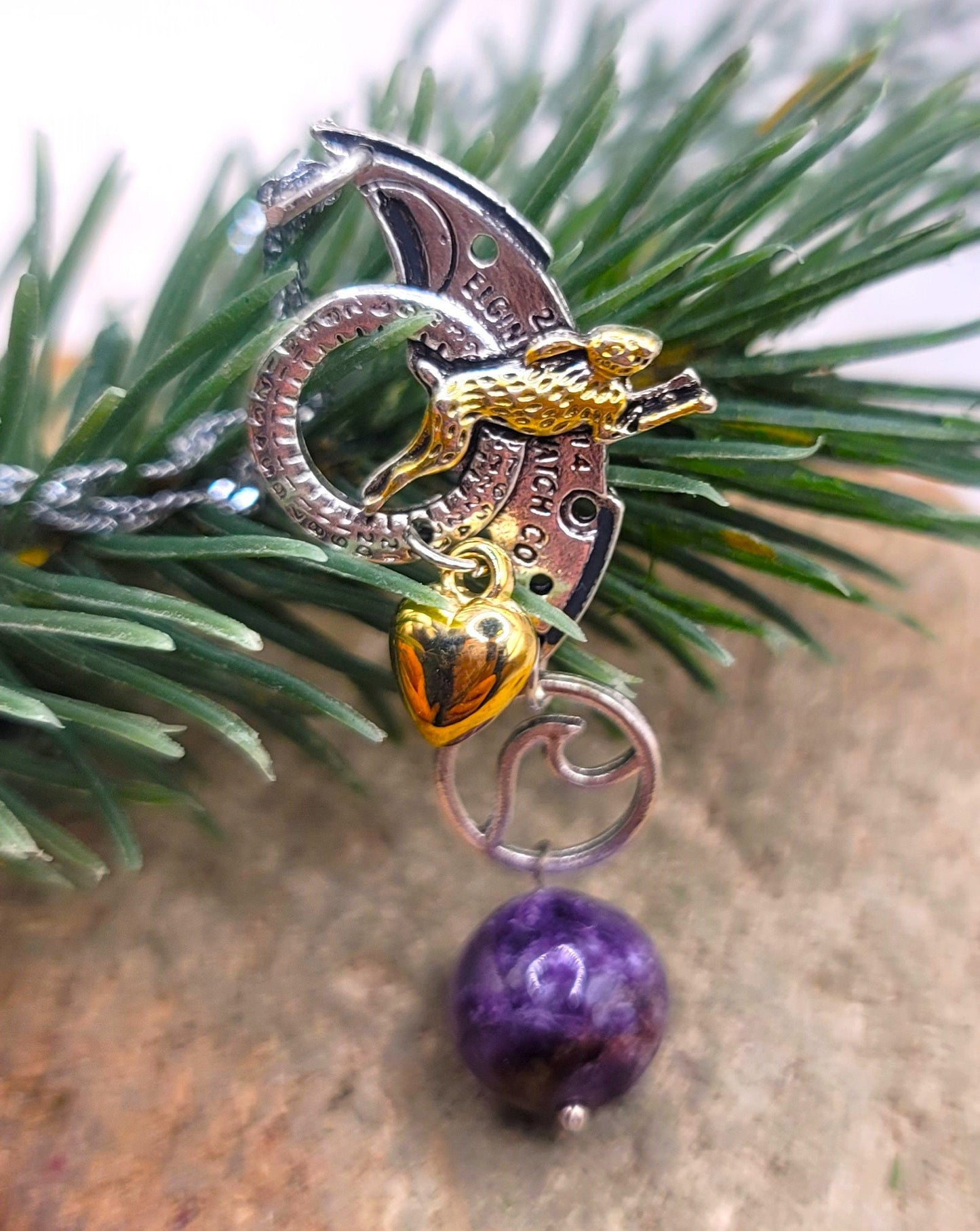Nature Purple Charoite With Flying Rabbit Charm Pendant Necklace