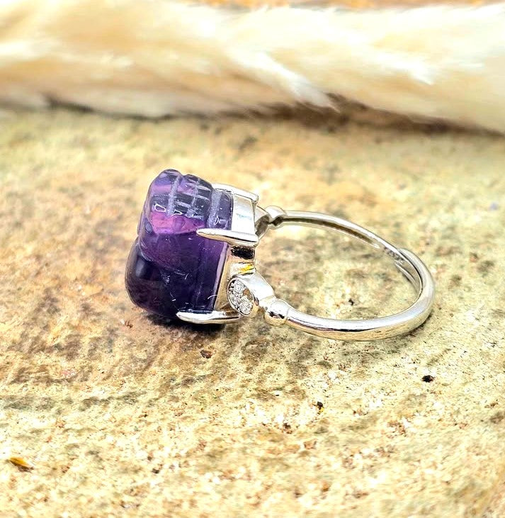 Natural Amethyst Pixiu Adjustable Ring – Hand‑Carved Crystal Protection Ring in S925 Sterling Silver