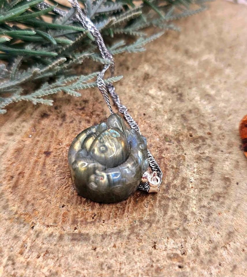 Nature Labradorite Carved Cinnamoroll In Donut Pendant Necklace