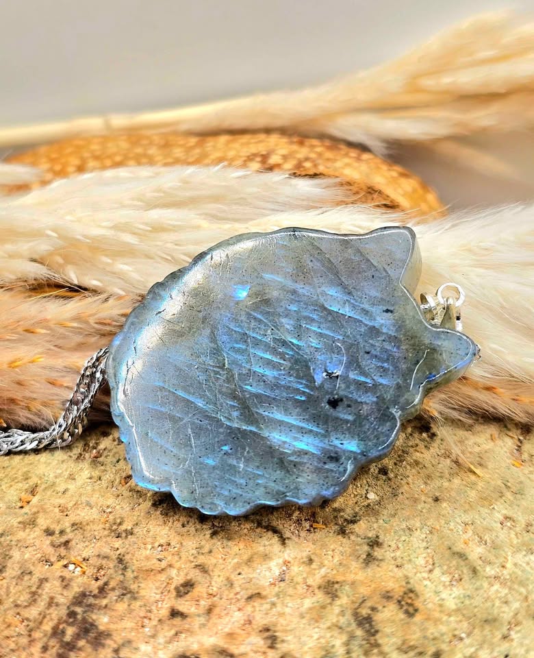 Labradorite Totoro carved pendant necklace packaging — My Aura Gemstones