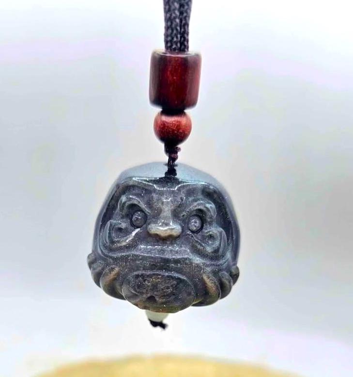 Nature Silver Obsidian Cat Eye Flash Daruma Doll Pendant Necklace