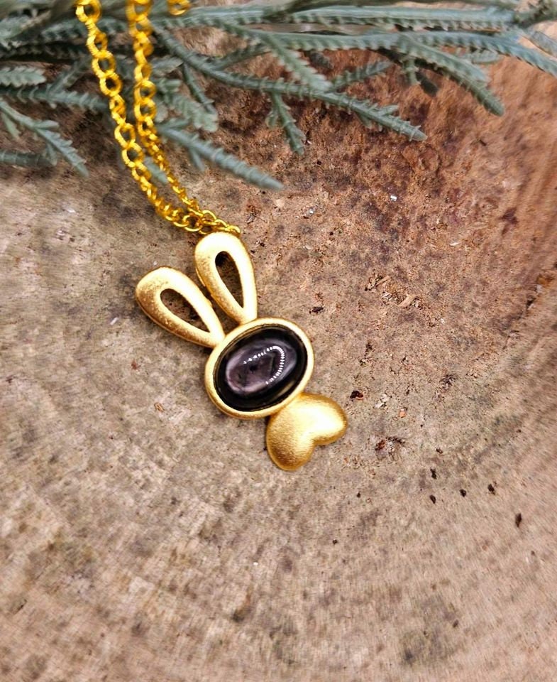 Silver Obsidian Flashy Stone Gold Matte Cute Bunny Pendant Necklace