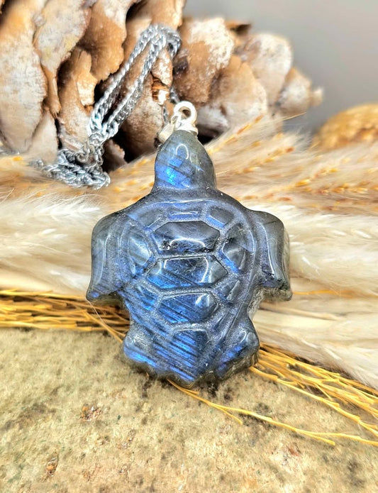 Labradorite carved sea turtle pendant necklace iridescent flash — My Aura Gemstones
