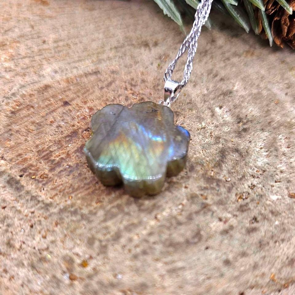 Nature Labradorite Carved Flashy Cherry Blossom Pendant Necklace