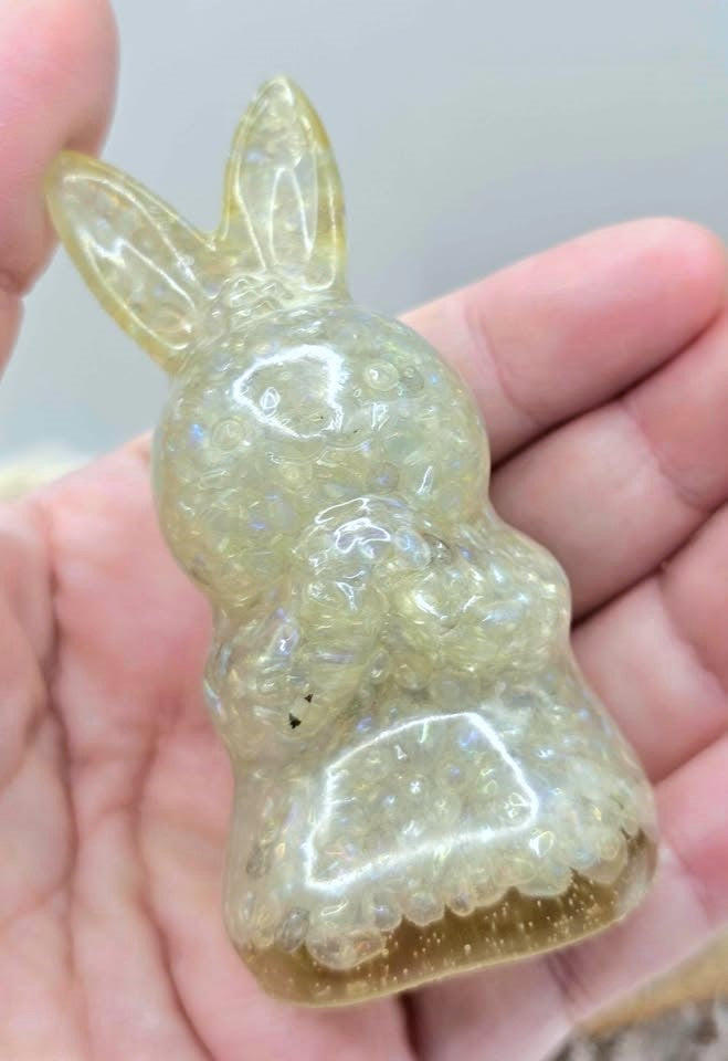 Nature Crystal Chips Resin 3" Rabbit Figurine display on hand-My Aura Gemstones