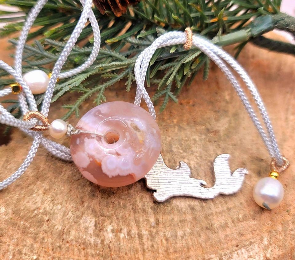 Beautiful Nature Cherry Blossom Agate Donut Swimming Mermaid Pearl Accent Necklace