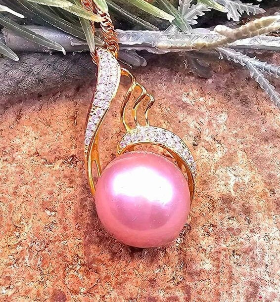 Nature Pinkish Purple Pearl S925 CZ Stone Pendant Necklace