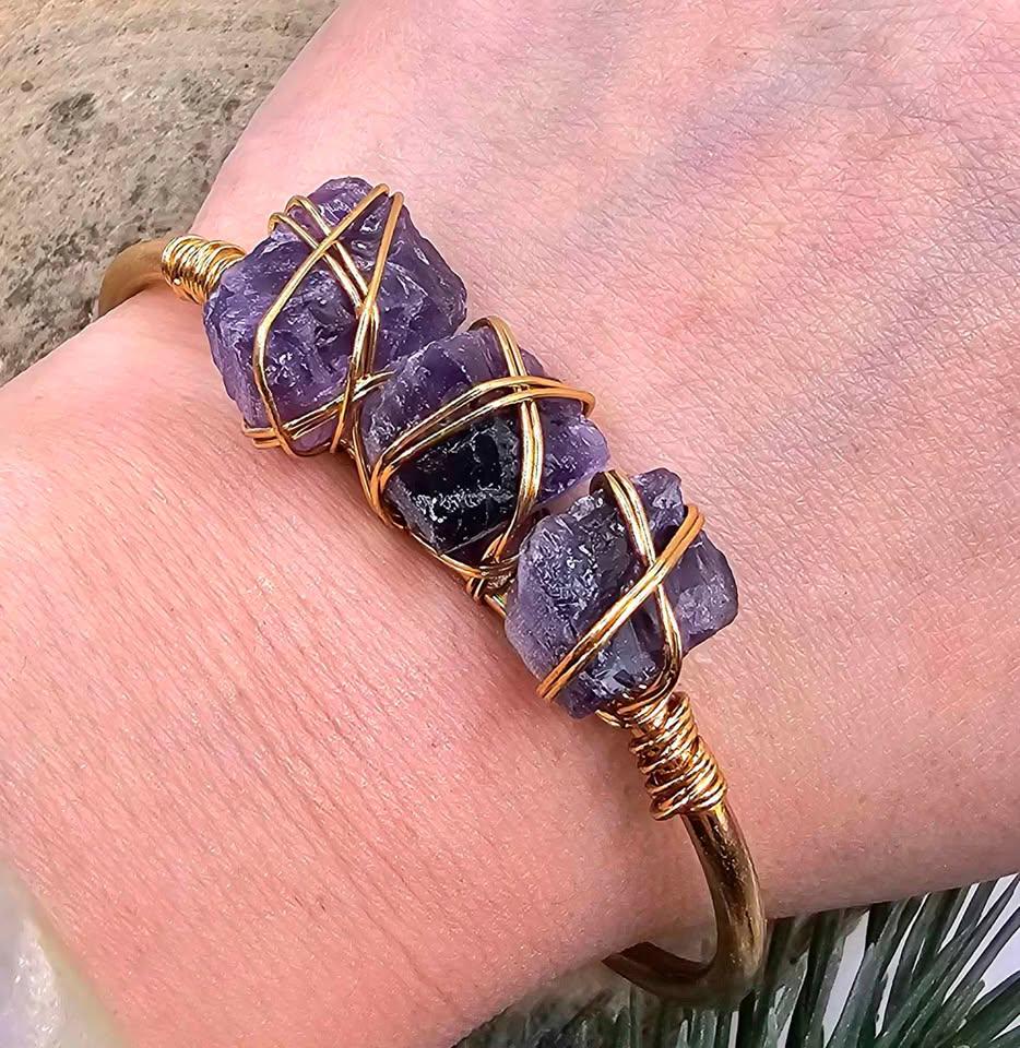 Nature Amethyst Polished Stone Wire Wrapped Open Bangle