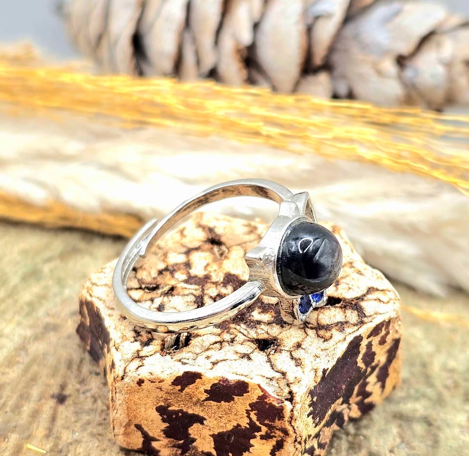 Natural Silver Hypersthene Cute Walking Cat Design Adjustable Ring -My Aura Gemstones