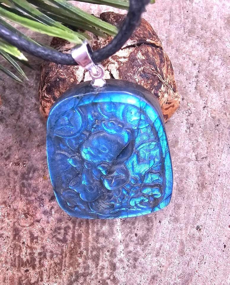 Nature Labradorite Lucky Cat On Carp Pendant Necklace