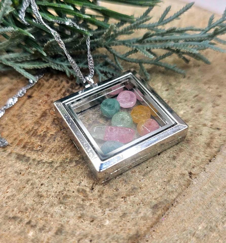 Nature Rainbow Tourmaline Beads Filled Silver Openable Floating Locket Pendant Necklace