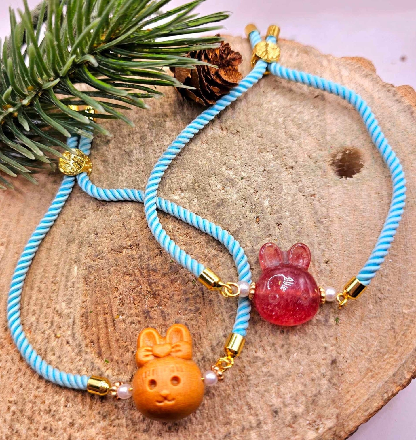 Nature Crystal Wood Rabbit Head Adjustable Blue Knitted Bracelet