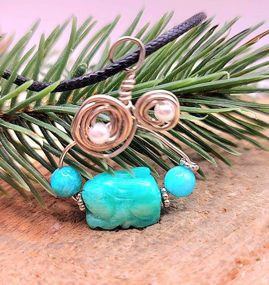 Beautiful Nature Amazonite Hand Carved Rabbit Wire Wrapped Pendant Necklace