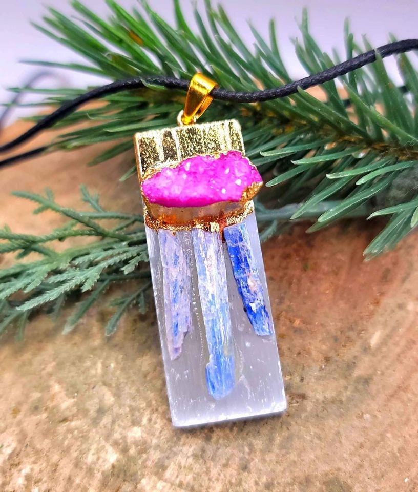 Beautiful Nature Selenite With Kyanite and Pink Geode Gold Cap Pendant Necklace