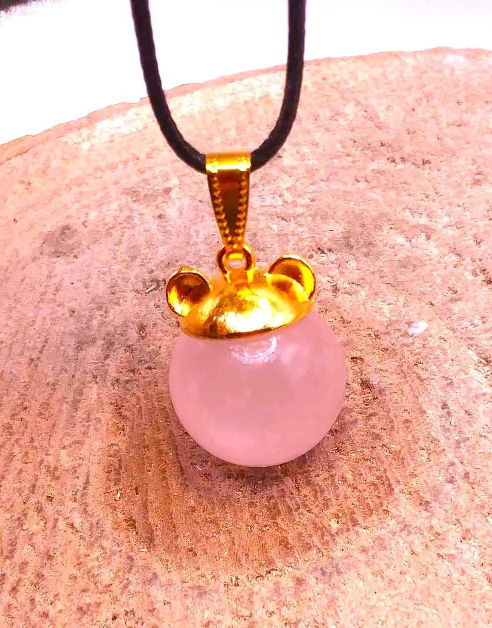 Cute Nature Rose Quartz Sphere Gold Bear Head Pendant Necklace