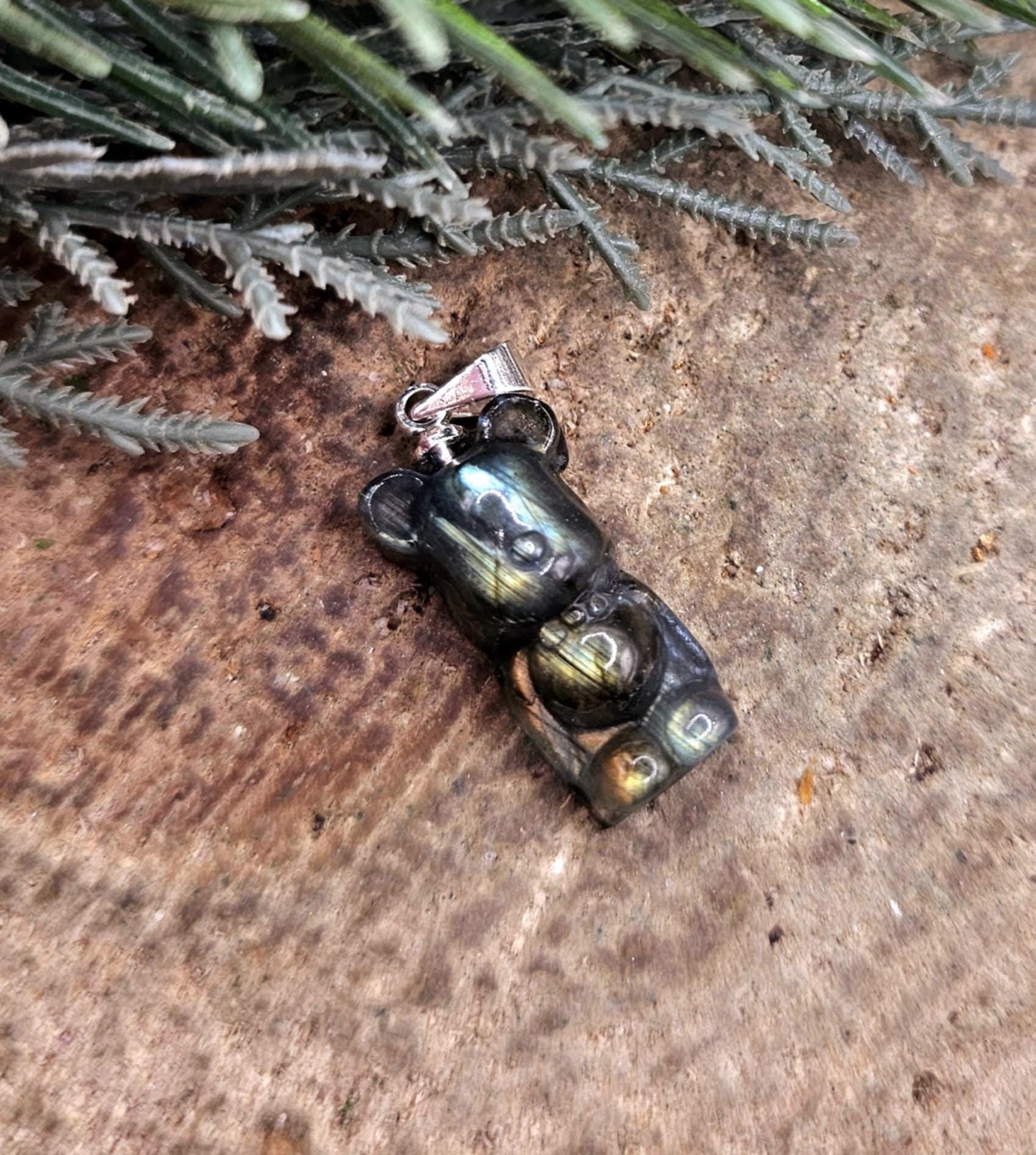 Nature Labradorite Carved Flashy Standing Bear Pendant Necklace