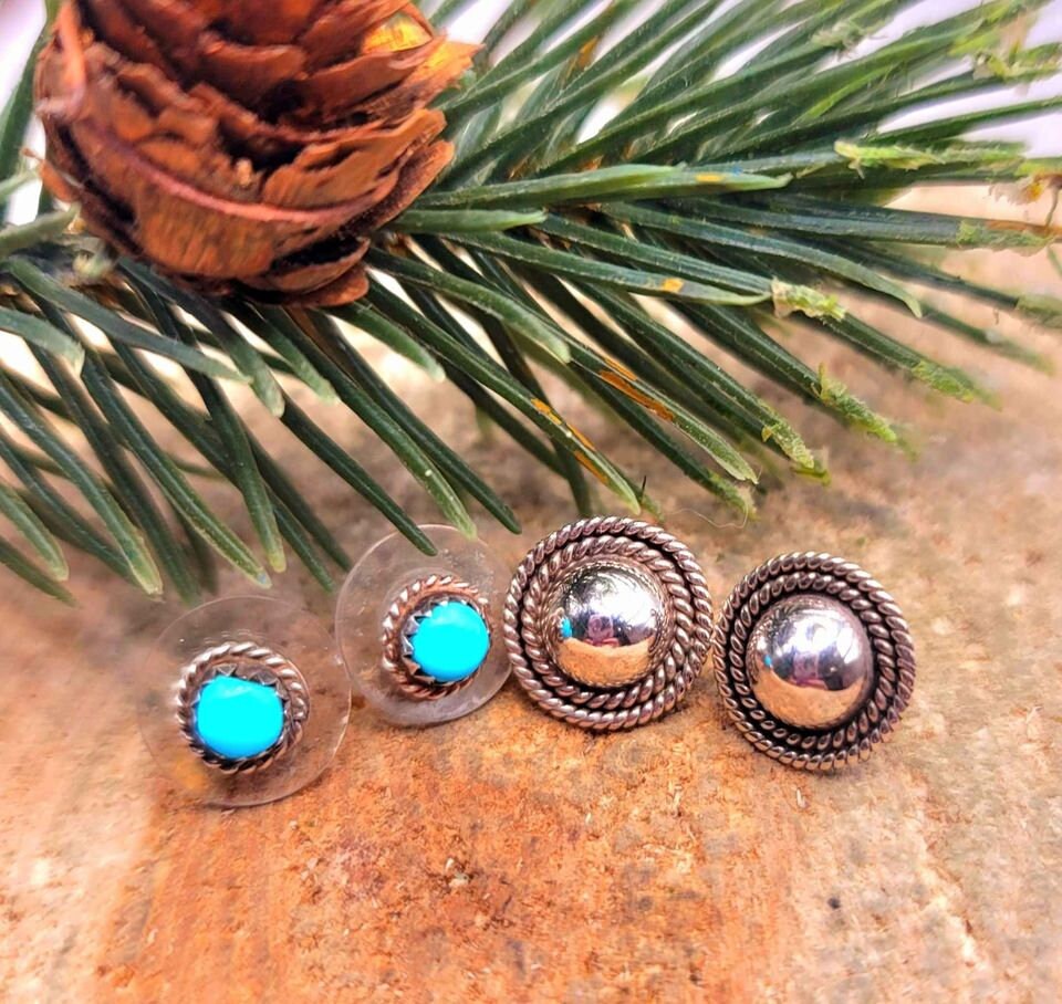 Beautiful 2 Pairs Of Nature Turquoise & Sterling Silver Patterned Earstuds