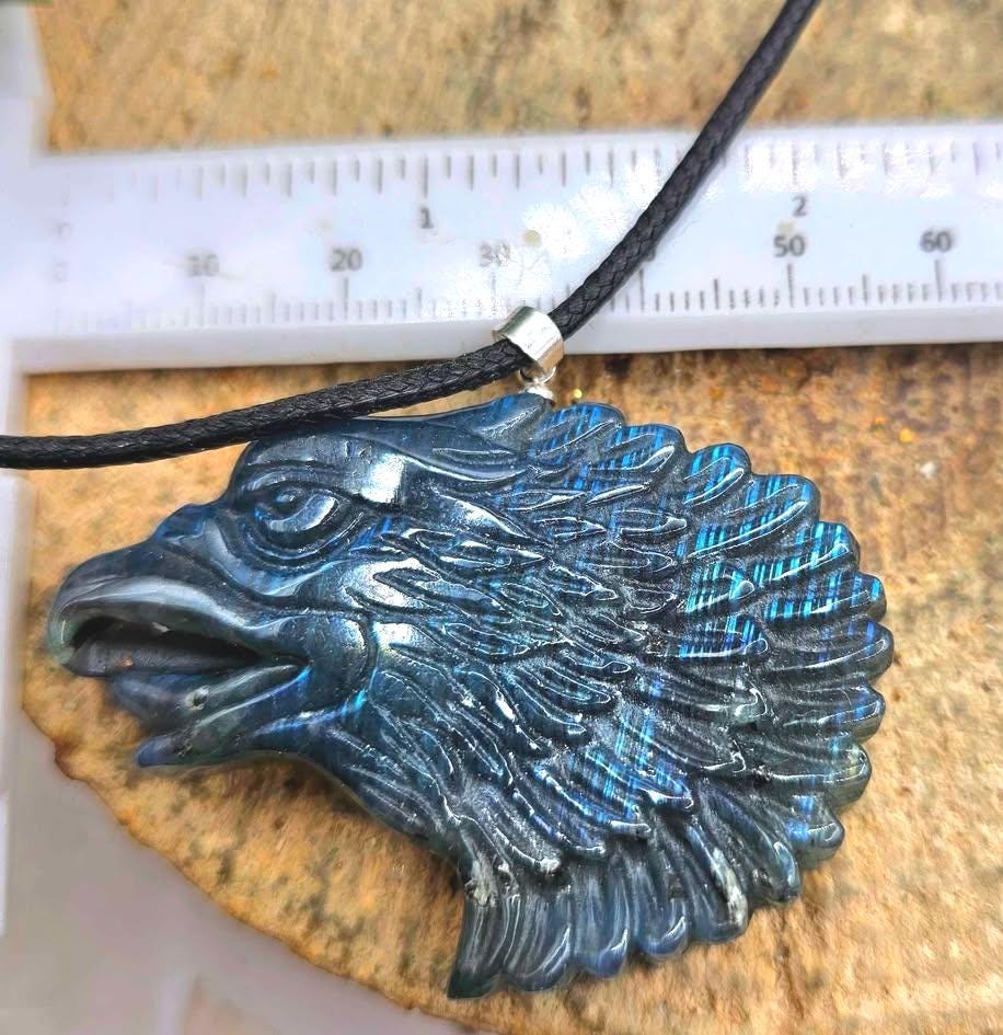 Nature Labradorite Flashy Strong Eagle Head Pendant Necklace