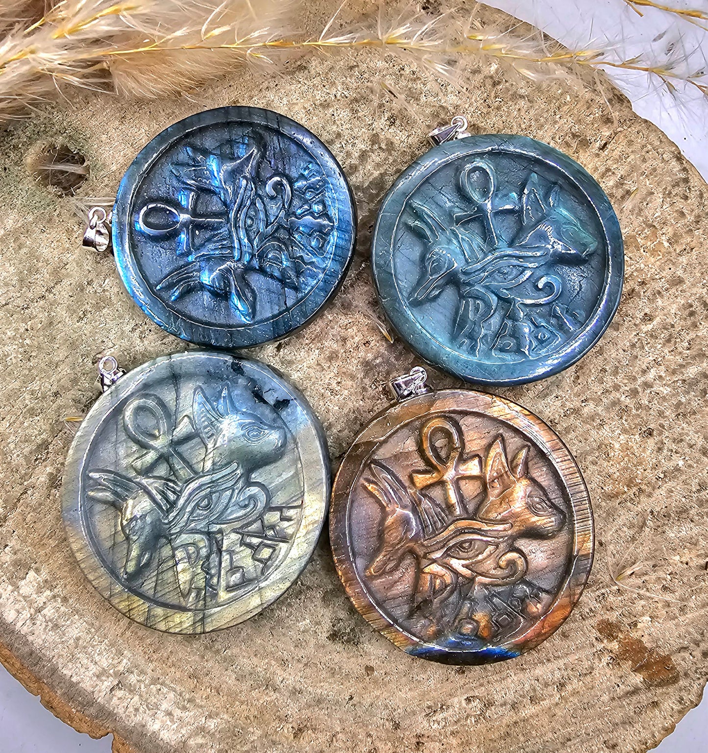 Nature Labradorite Carved Flashy Egyptian Symbols Pendant Necklace