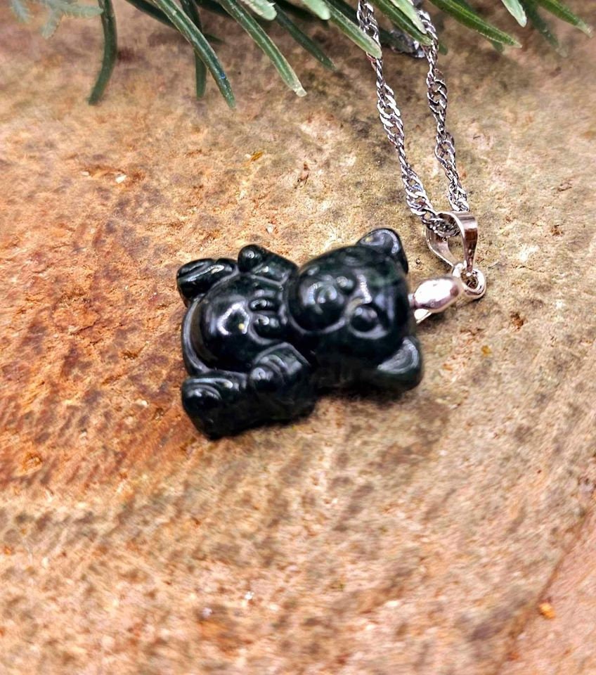 Certified Nature Dark Jade Carved Cute Bear With Bow Pendant Necklace