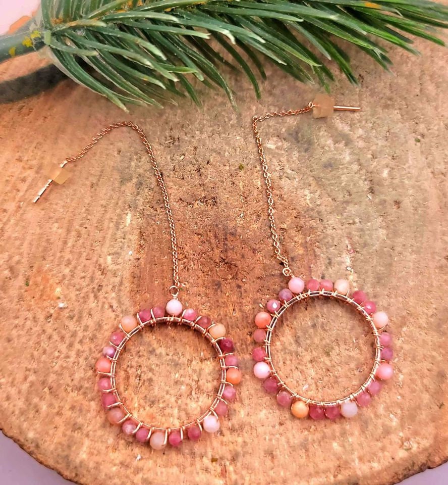 Beautiful Nature Pink Plum Blossom Tourmaline Faced S925 Threader Earrings