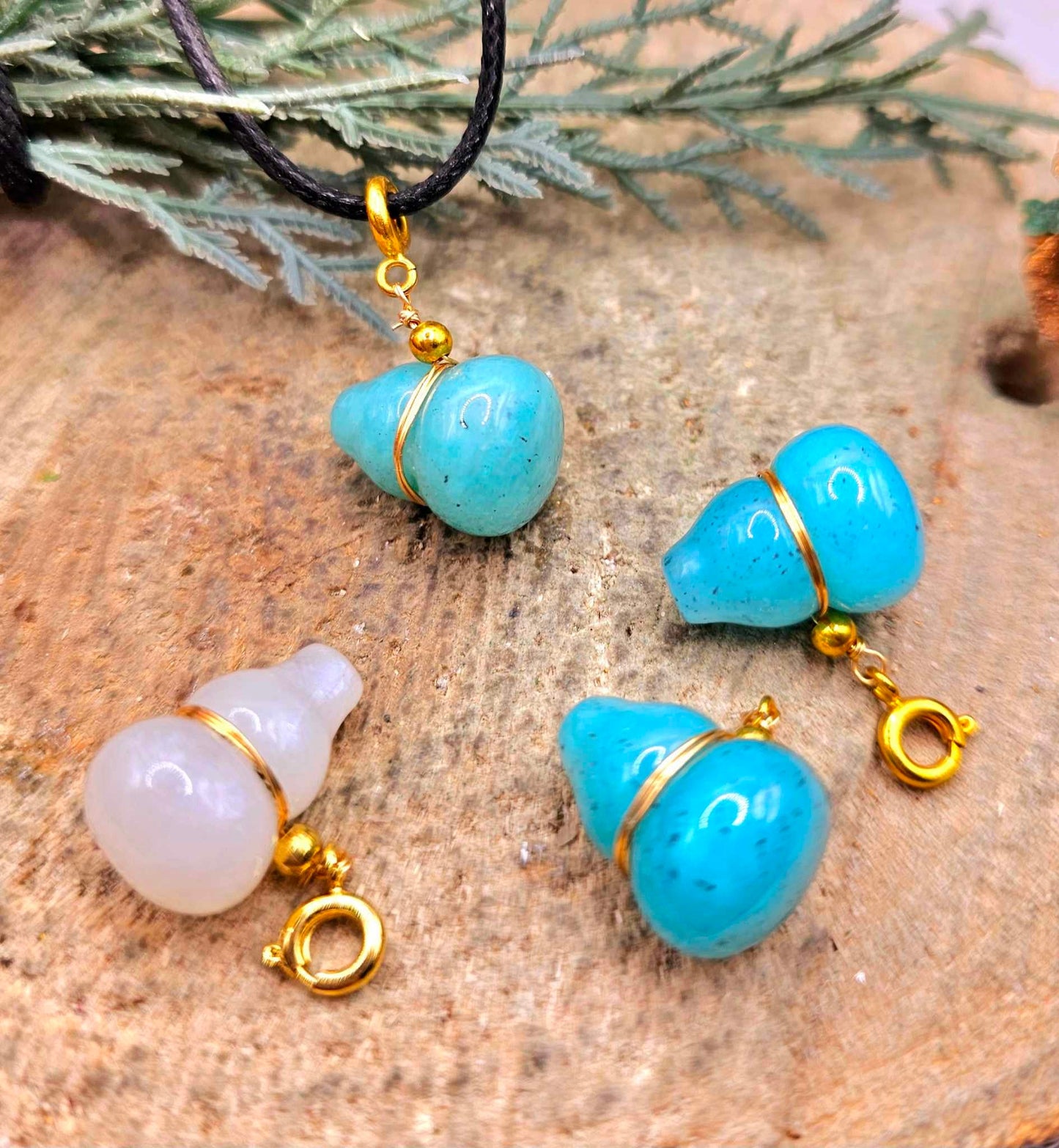 Nature Stone Carved Blessing Gourd Gold Accent Pendant Necklace
