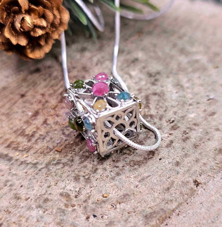 Nature Rainbow Faceted Tourmaline Rectangular Cage Pendant Necklace