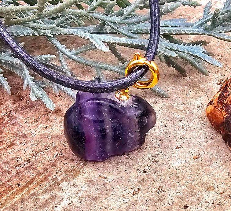 Nature Purple Fluorite Carved Cute Rabbit Pendant Necklace