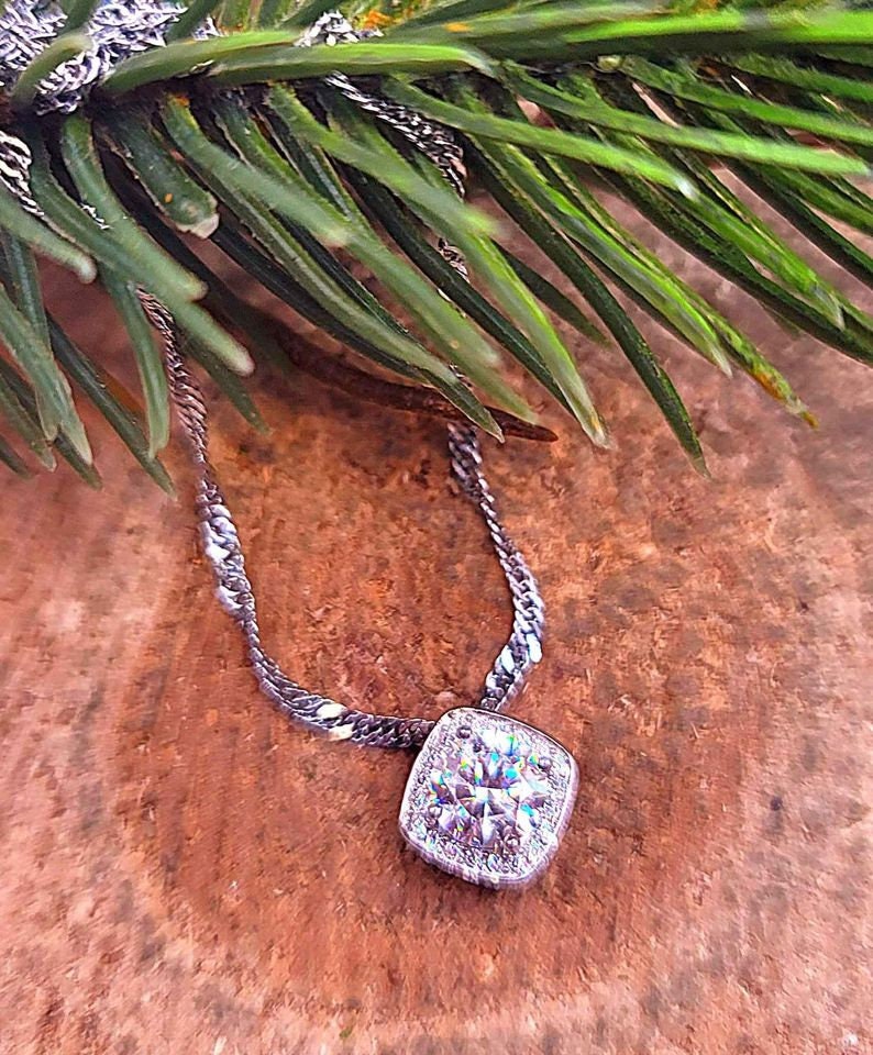 GRA 1ct D Certified Moissanite Diamond Square Charm Pendant Necklace