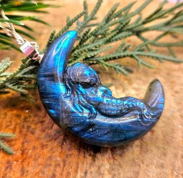 Nature Labradorite Carved Mermaid Sleeping On Moon Pendant Necklace