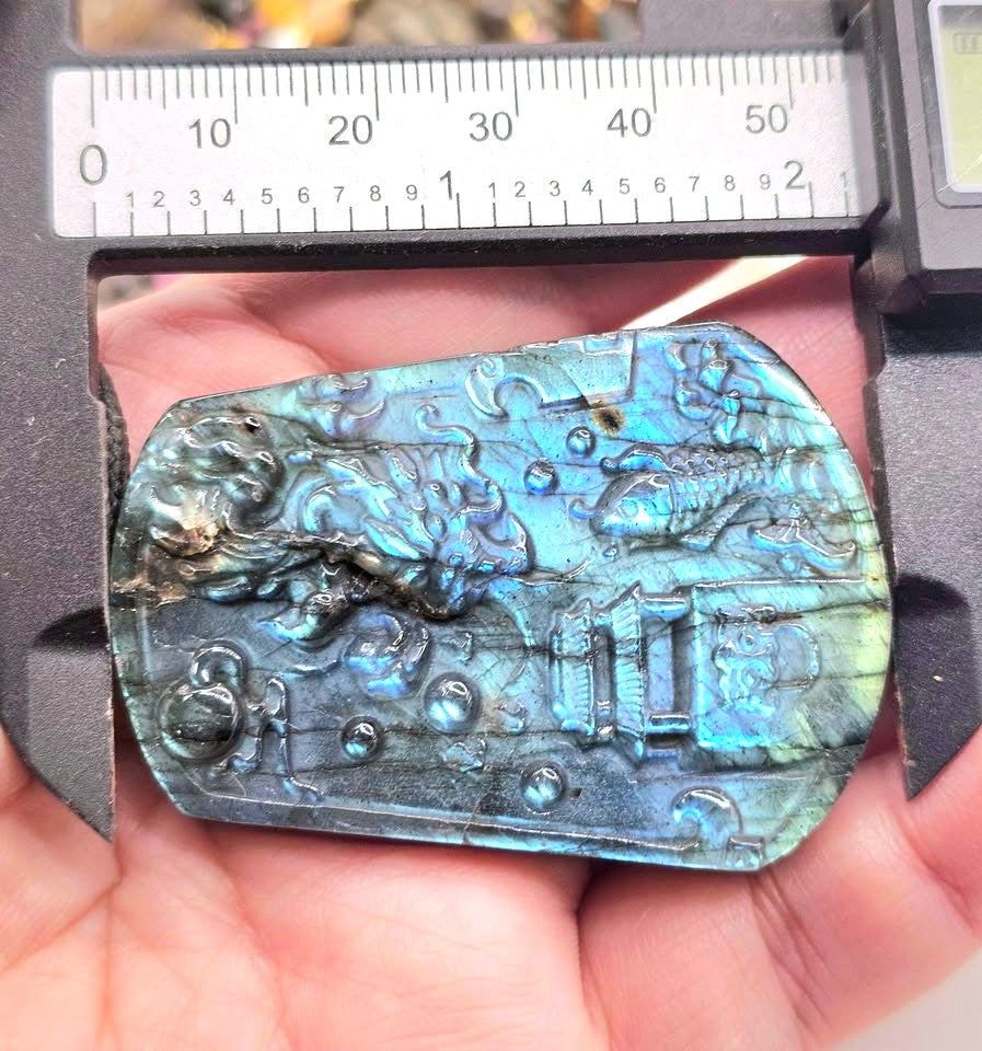 Natural Labradorite Carved Oriental Dragon and Palace Scene Statement Pendant Necklace