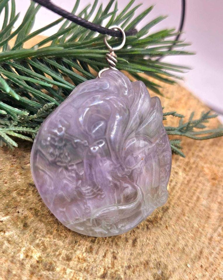 Nature Purple Fluorite Hand Carved Nine Tails Fox Pendant Necklace