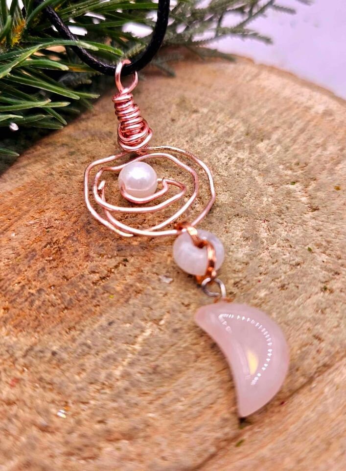 Unique Nature Moon Stone & Rose Quartz Moon Wire Wrapped Orbit Pendant Necklace